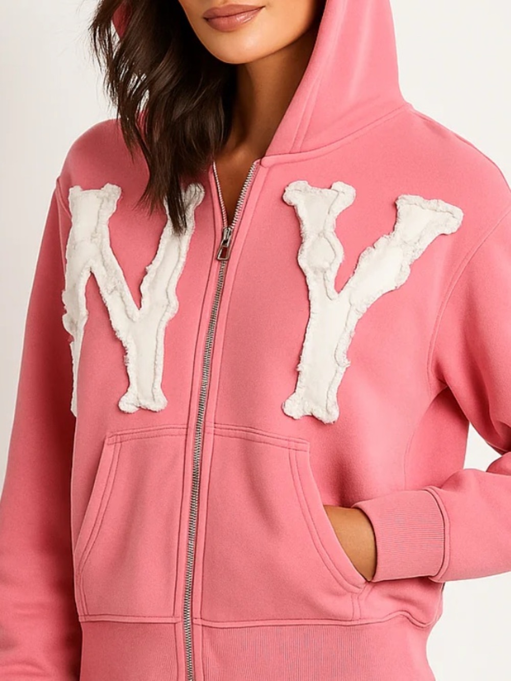 Women's Pink Zip-Up Hoodie with White Appliqué Letters! Coquette! M